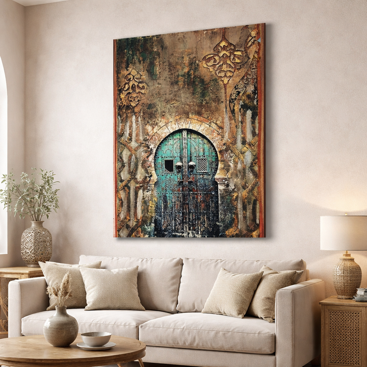 Moroccan door canvas wall art featuring ornate arched door with earthy tones on premium canvas