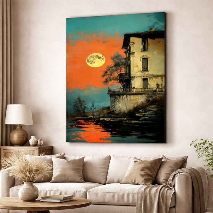 Moonlit Waterfront House Canvas