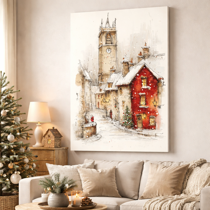 Winter Village Red House Canvas