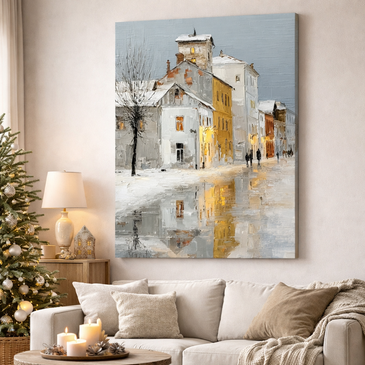 Snowy City Reflection Canvas