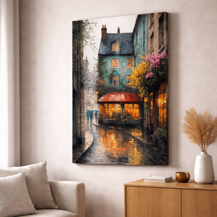 Rainy Cafe Street Canvas Art