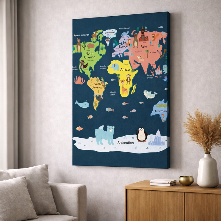 Illustrated World Map Canvas for Kids