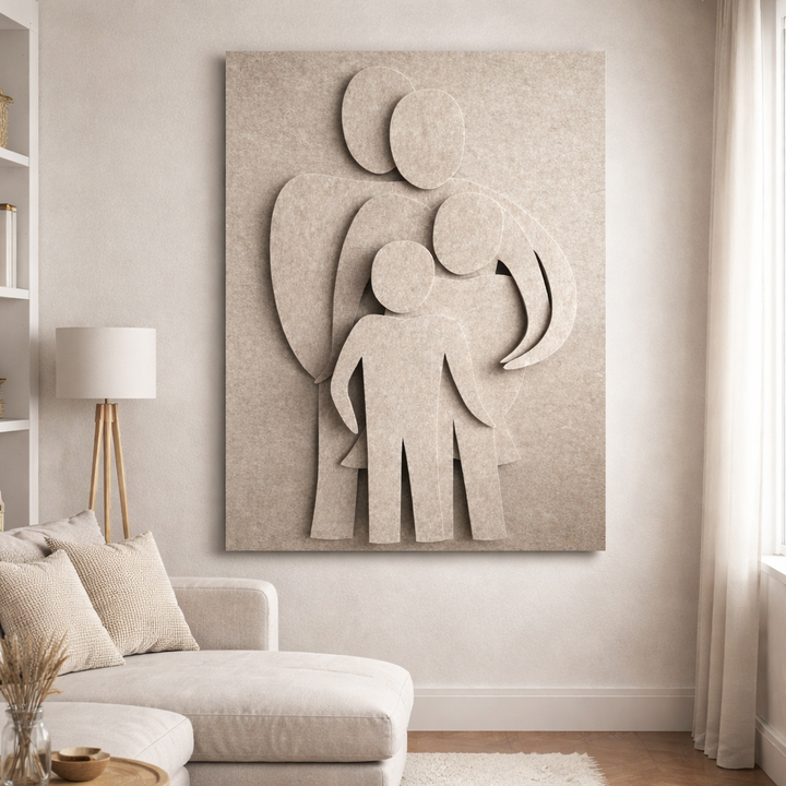 Minimalist family silhouette on premium canvas with MDF frame and glass front for modern interiors