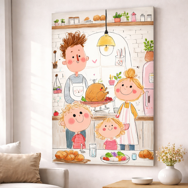 Happy Family Kitchen Illustration Canvas Art
