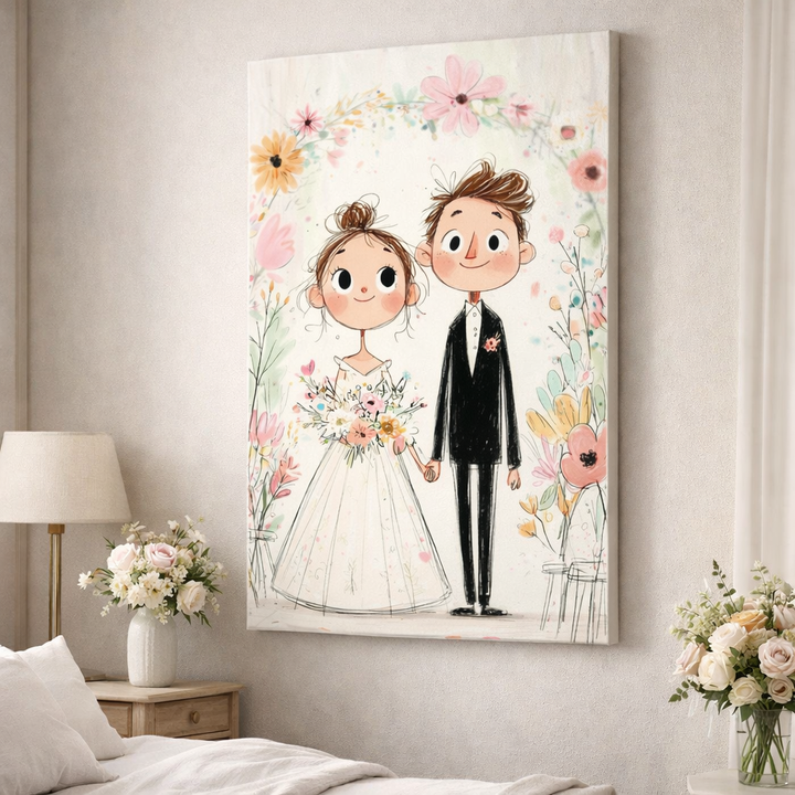 Whimsical Wedding Couple Floral Canvas Art