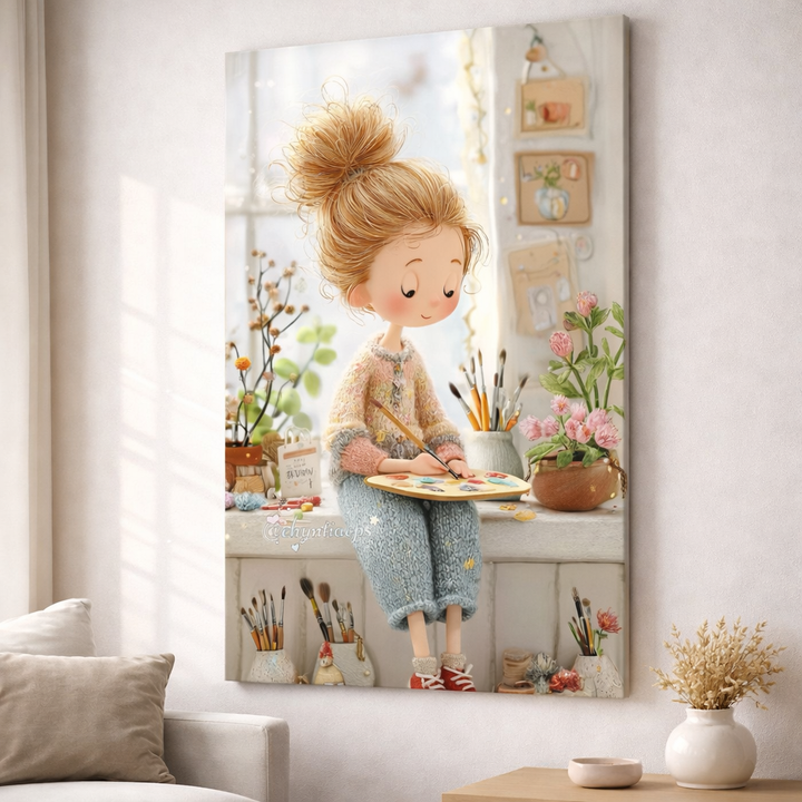 Whimsical Painter Girl Canvas Wall Art