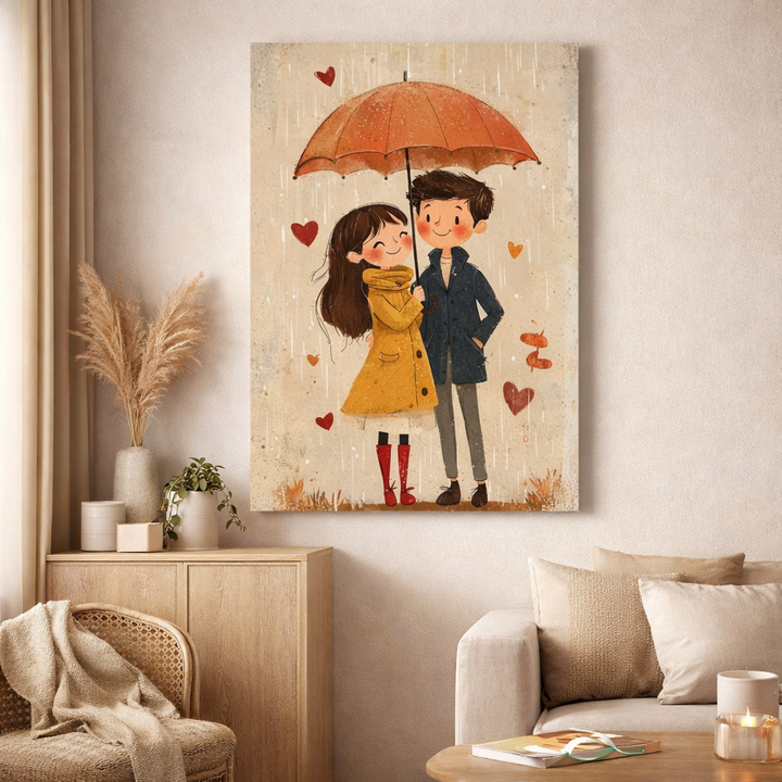 Romantic Couple Under Umbrella Canvas Wall Art