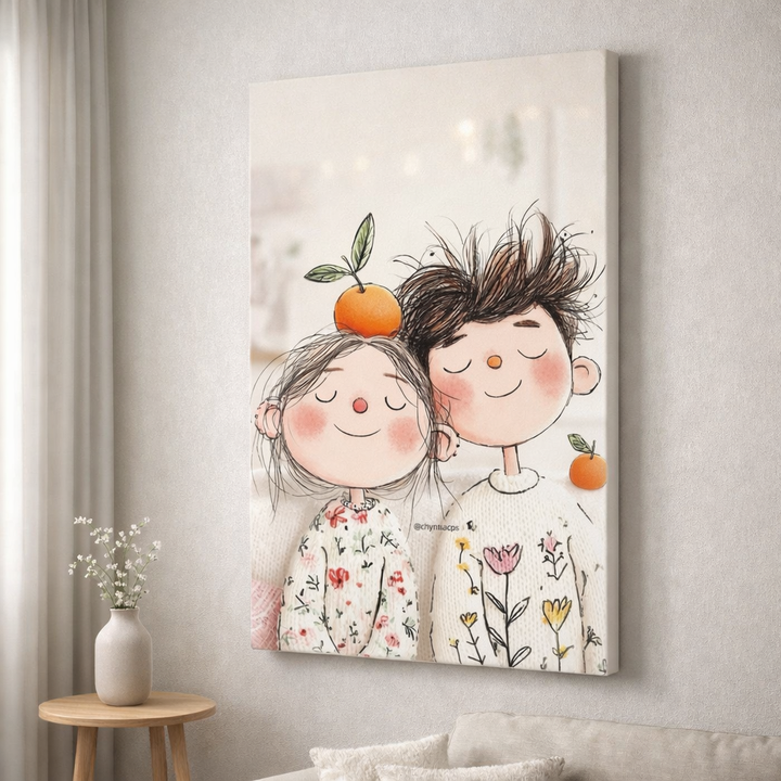 Whimsical Couple Orange Canvas Wall Art
