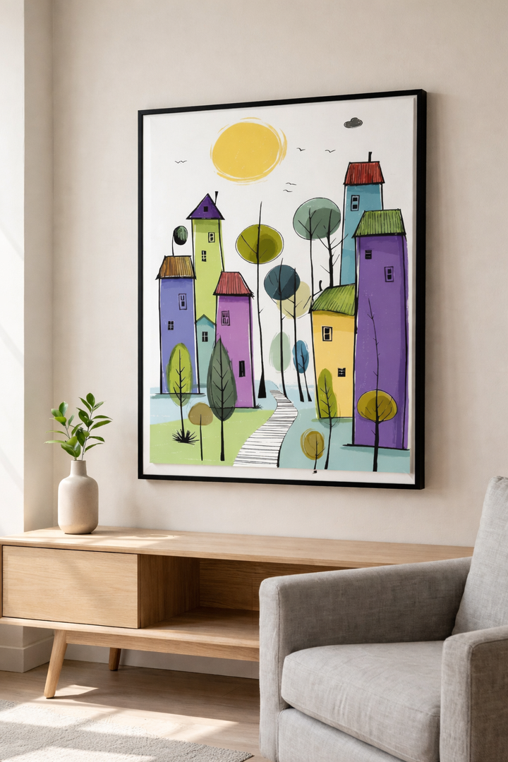 Whimsical Colorful Village Framed