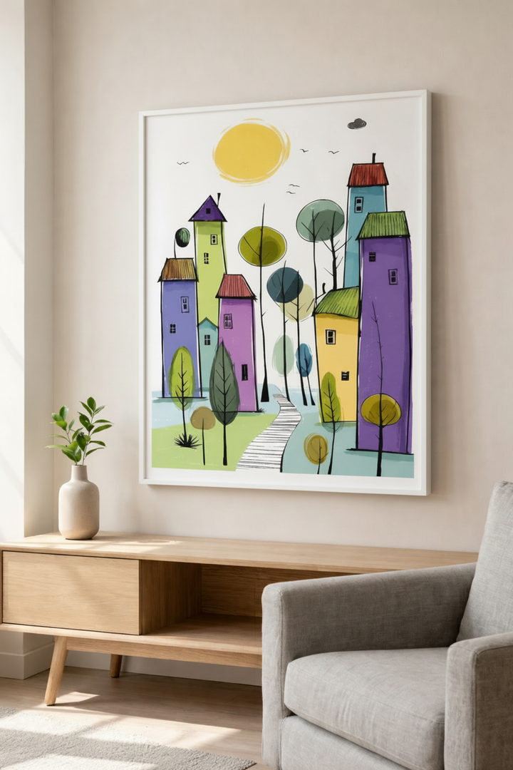 Whimsical Colorful Village Canvas