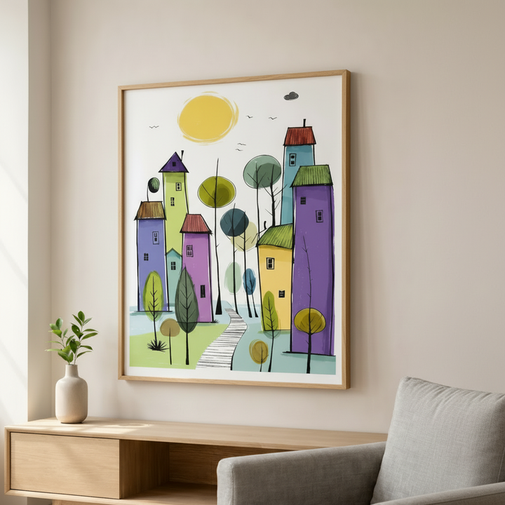 Whimsical Colorful Village Canvas