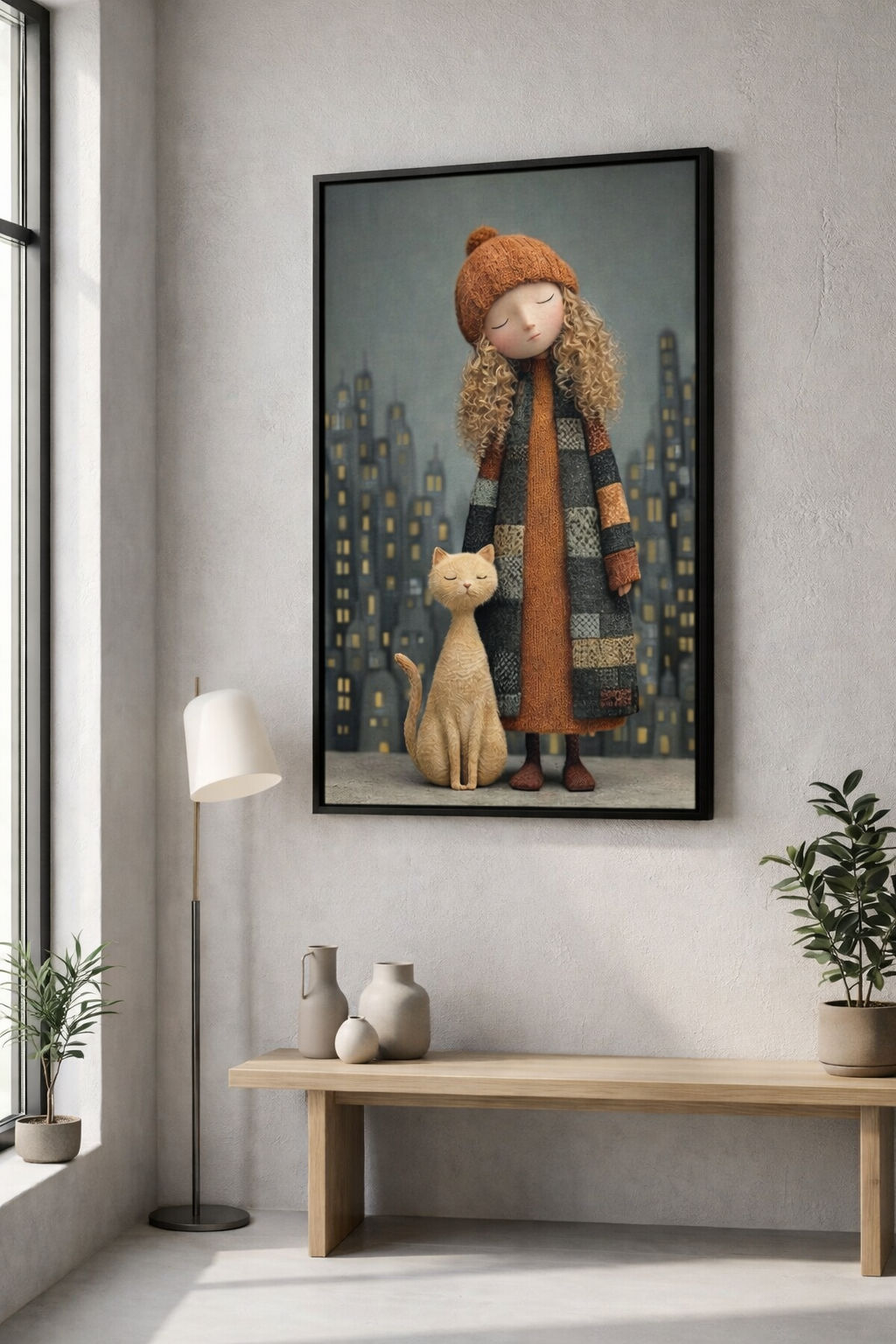 Dreamy Girl & Cat Canvas Wall Art