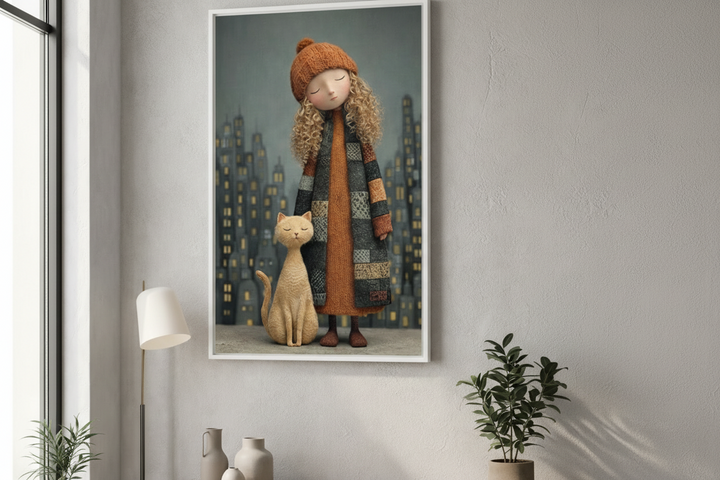 Dreamy Girl & Cat Canvas Wall Art