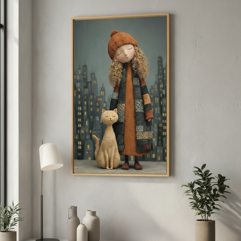 Dreamy Girl & Cat Canvas Wall Art