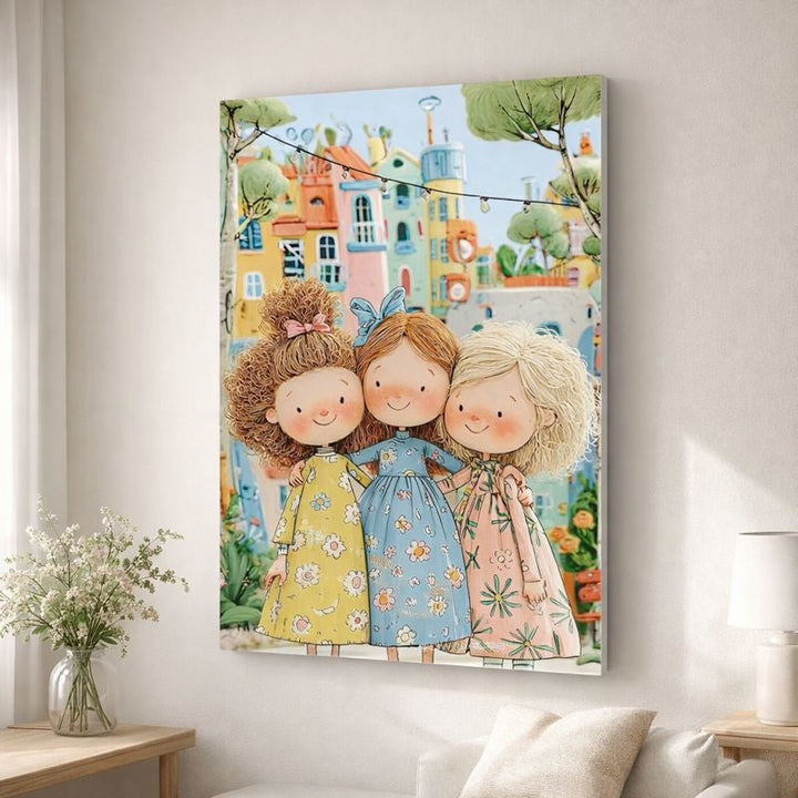 Cute Girls Illustration Canvas Wall Art