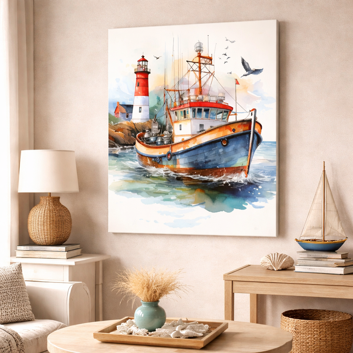 Coastal Lighthouse & Fishing Boat Canvas