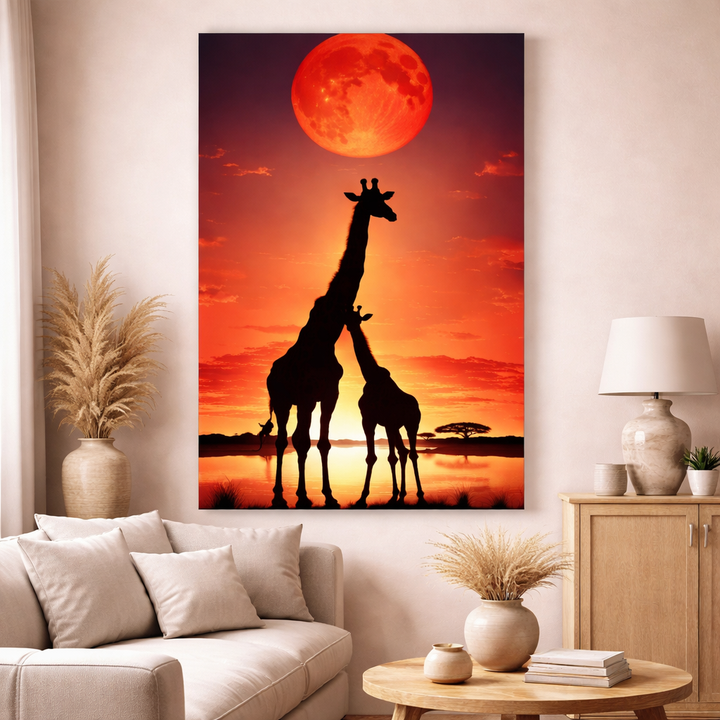 Giraffes Under Red Moon Canvas