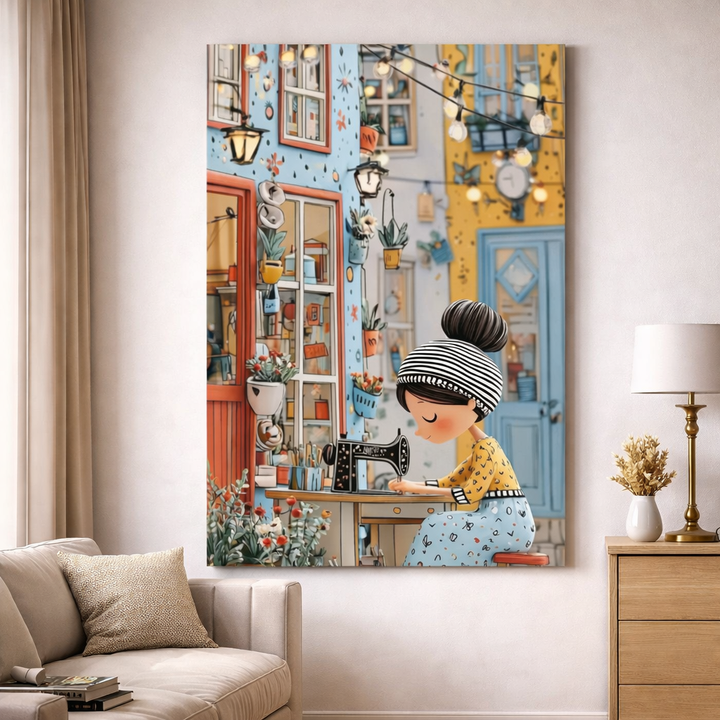 Whimsical Sewing Girl Canvas