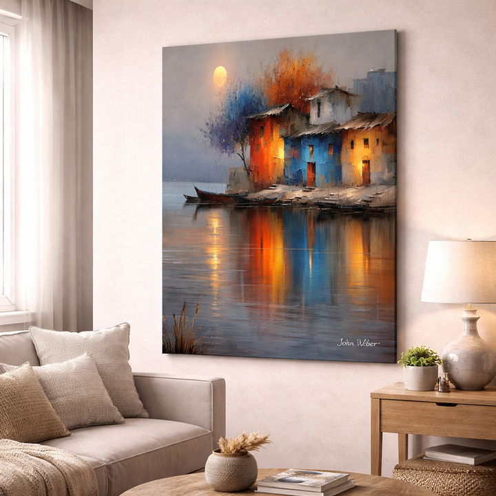 Colorful riverside houses canvas artwork with warm tones and moonlit water reflections