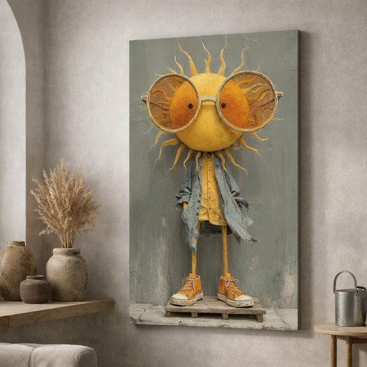 Sunny Character Canvas featuring playful sun character with oversized glasses on premium canvas in MDF frame