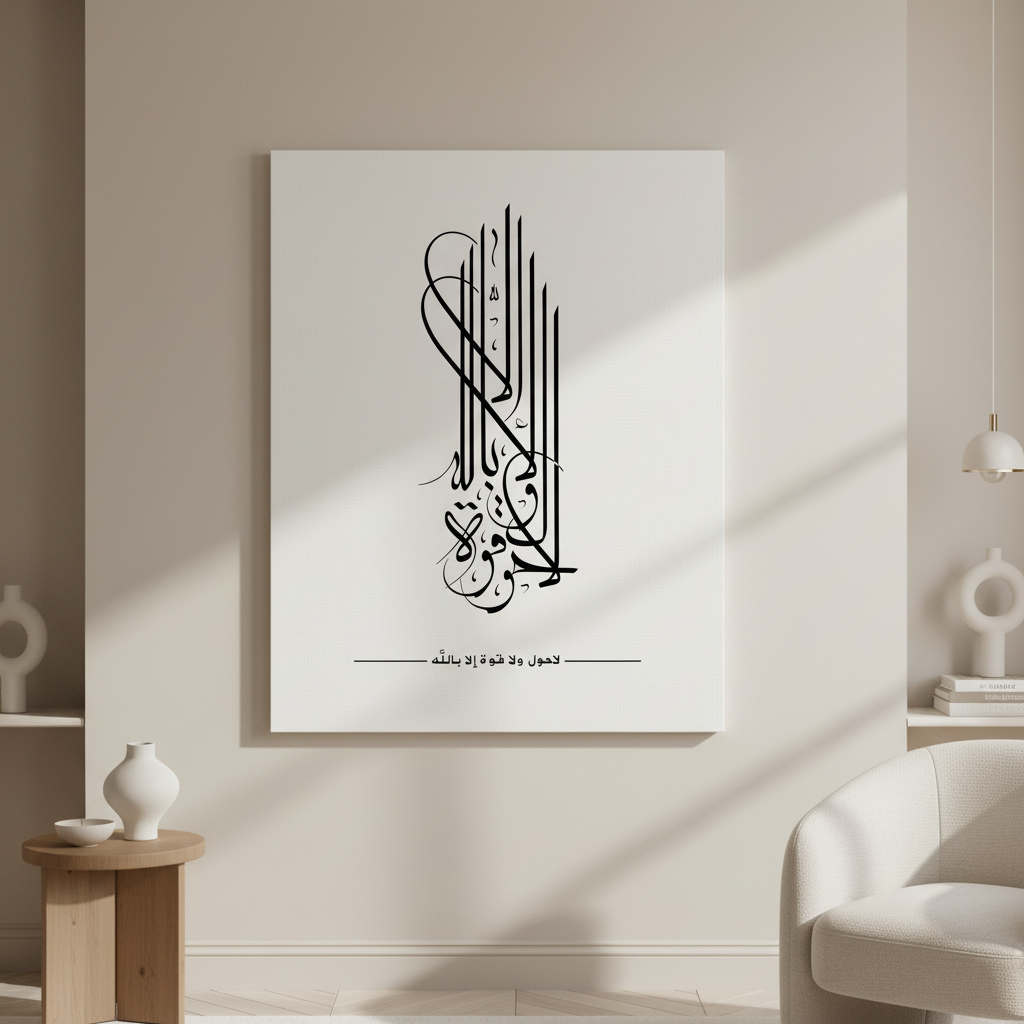 Islamic Calligraphy Canvas featuring La Hawla Wala Quwwata Illa Billah phrase in elegant Arabic calligraphy with MDF frame and glass front panel
