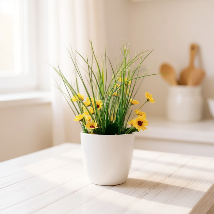 Mini Artificial Yellow Daisy & Grass Arrangement in White Pot