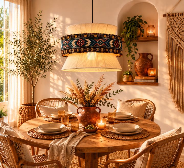 Bohemian Blue Pattern Fabric Drum Pendant Light