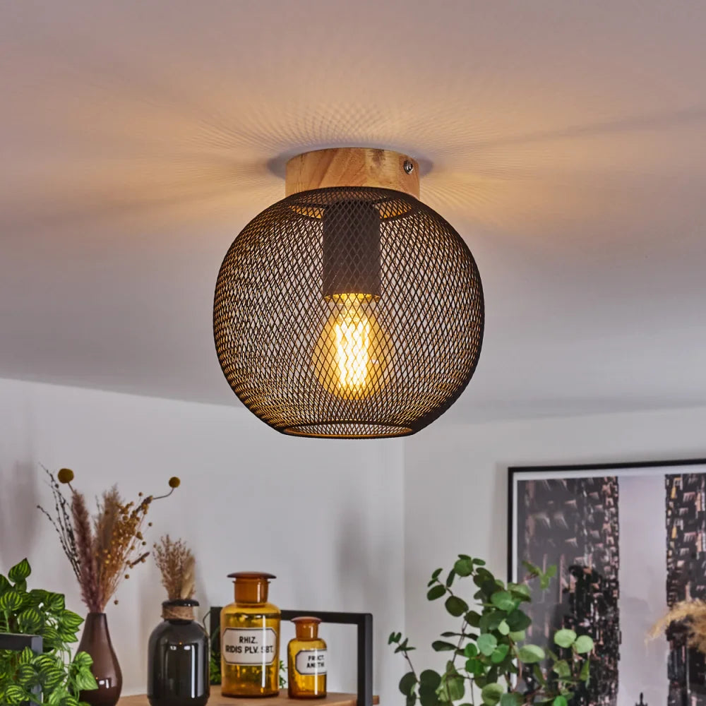 Rustic Mesh Metal and Wood Ceiling Light