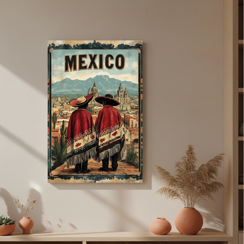 Mexico vintage travel poster canvas with traditional figures and historic cityscape on premium canvas