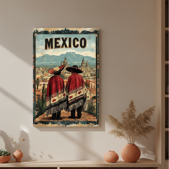 Mexico vintage travel poster canvas with traditional figures and historic cityscape on premium canvas