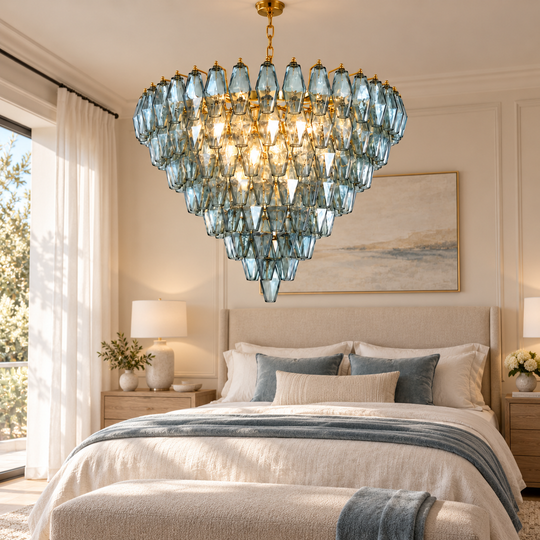 Blue Glass Crystal Chandelier with Gold Finish