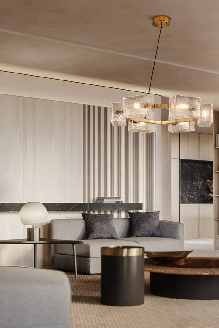 Modern Glass and Gold Chandelier with Textured Cubes