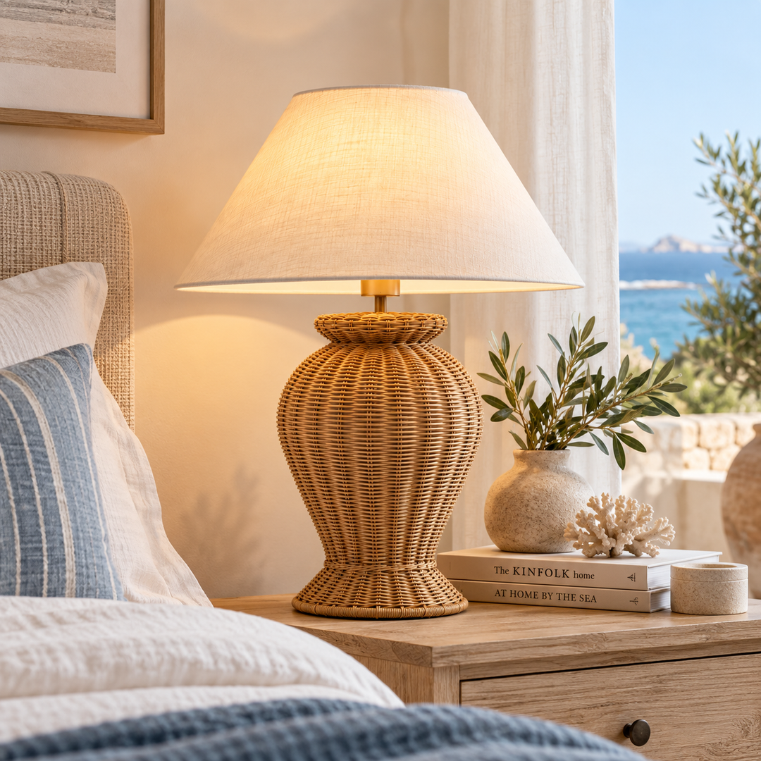Woven Rattan Table Lamp with Linen Shade