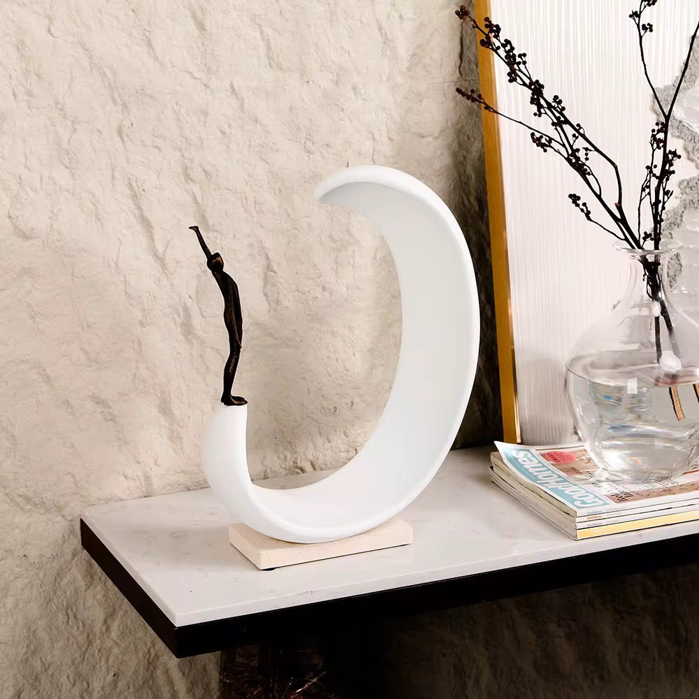 Modern Crescent Sculpture with Figurine