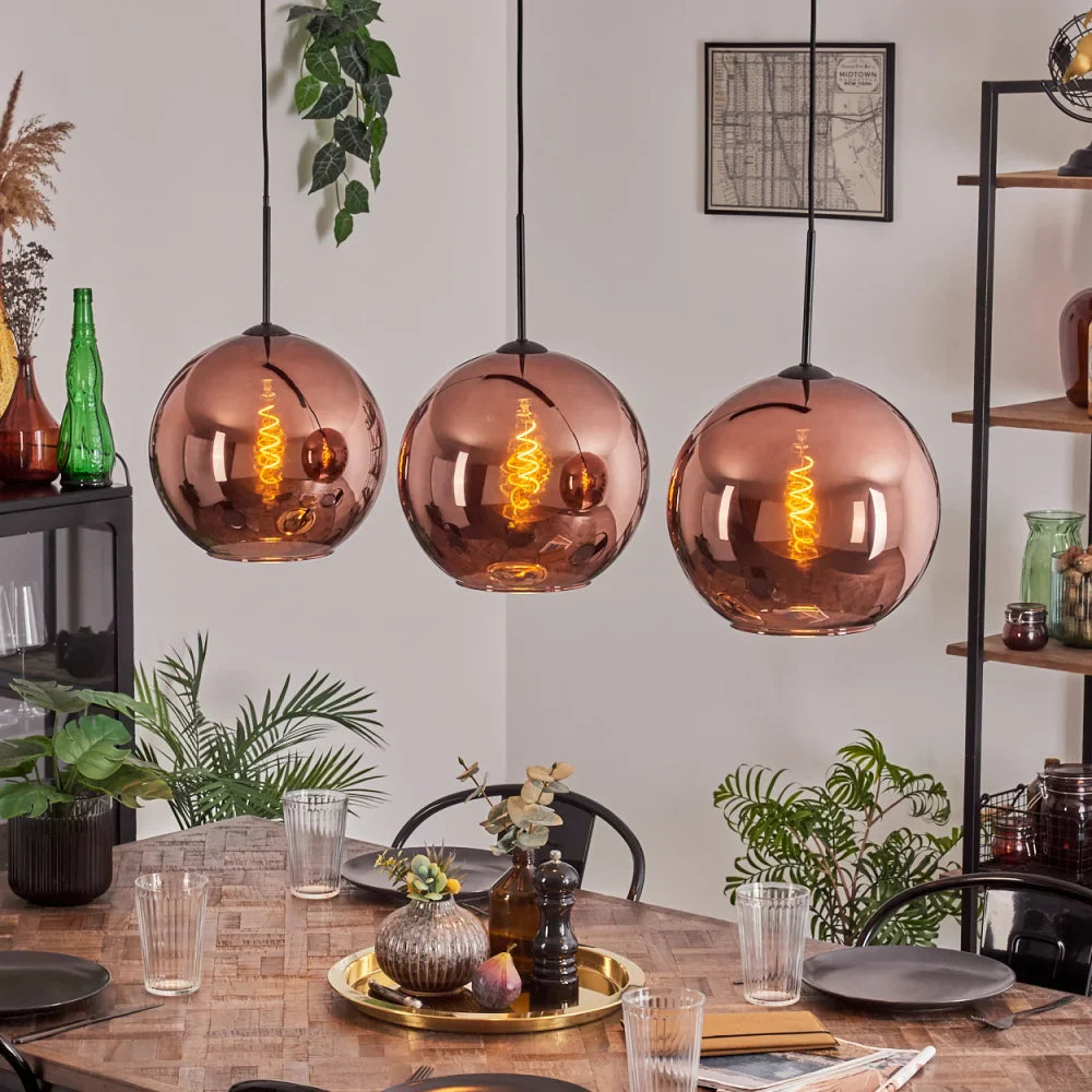 Modern Rose Gold Glass Globe Pendant Light Trio