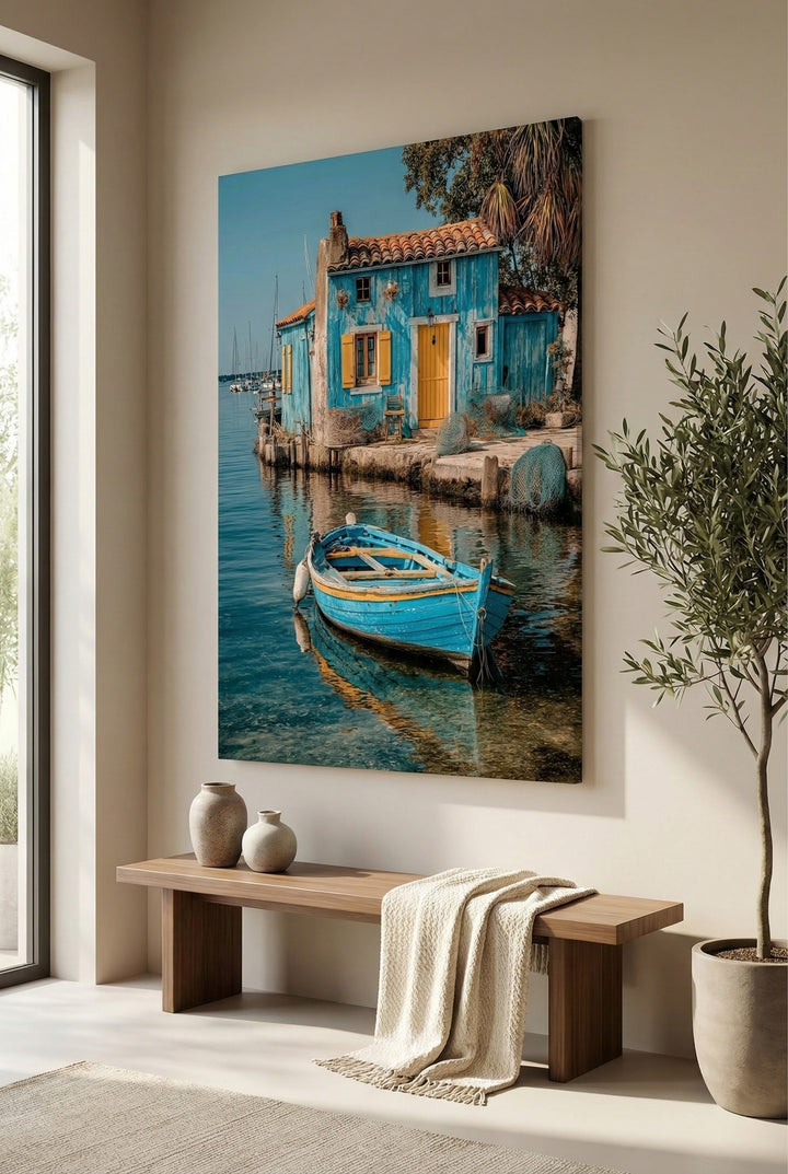 Mediterranean Blue House & Boat Canvas
