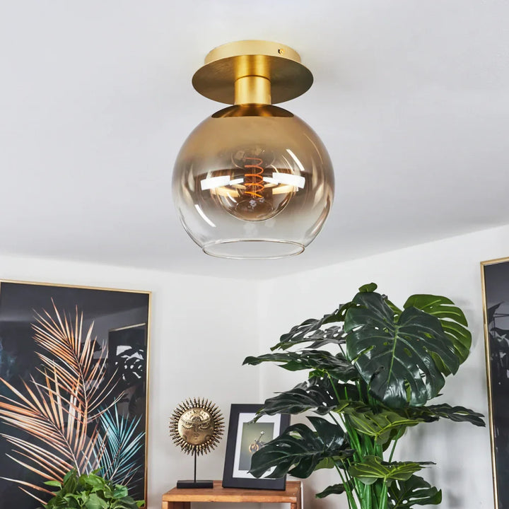 Modern Amber Glass Globe Ceiling Light with Brass Base