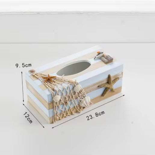 Nautical Wooden Tissue Box Cover Blue Coastal Design with Sailboats and Ship Wheel