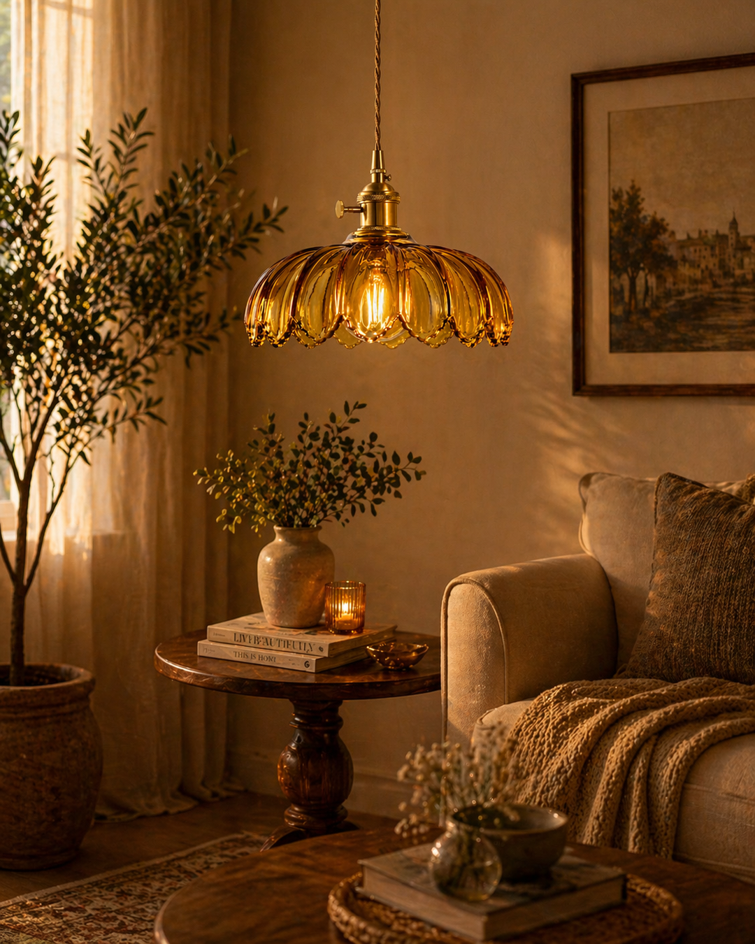 Amber Scalloped Glass Pendant Lamp