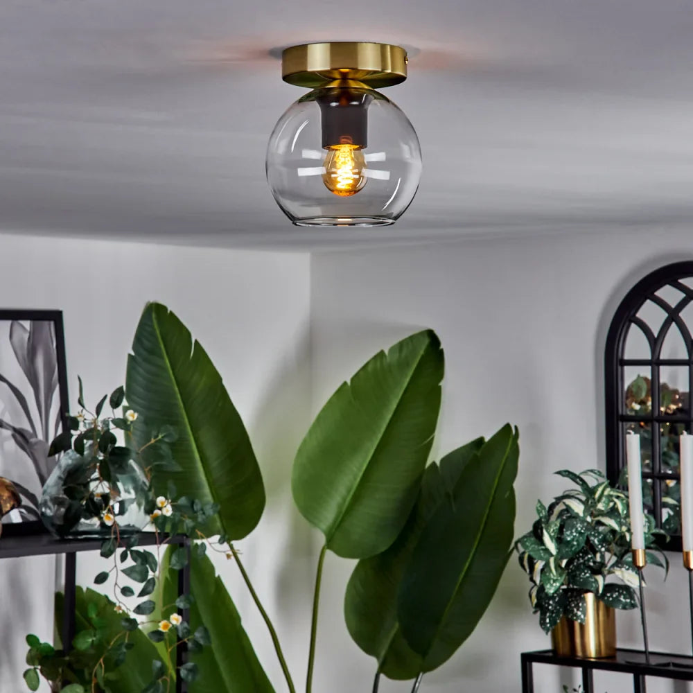 Modern Amber Glass Globe Ceiling Light with Brass Base