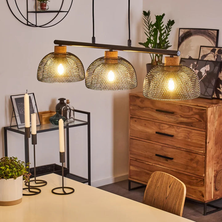 Industrial Triple Mesh Pendant Light with Wooden Accents