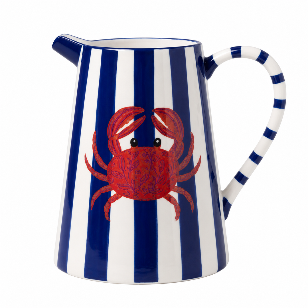 Coastal Striped Ceramic Pitcher with Crab Motif