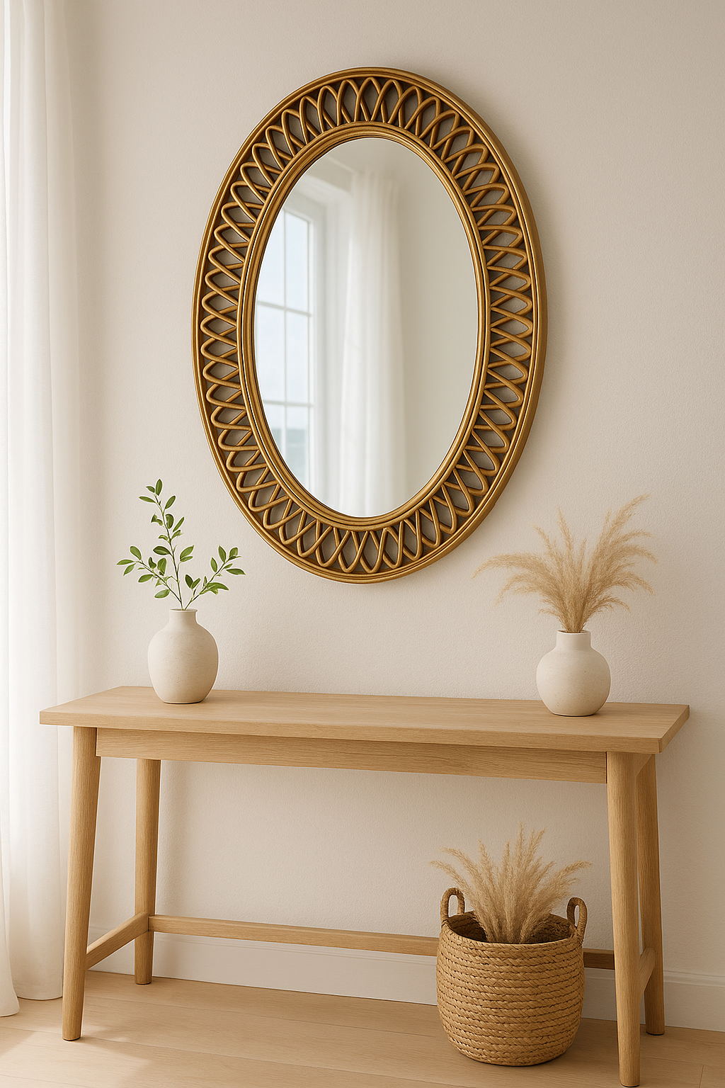 Oval rattan wall mirror with woven frame in natural wood finish above a console table
