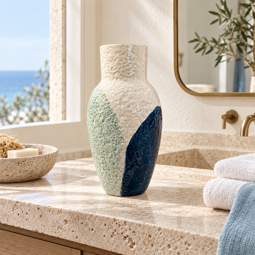 Textured ivory ceramic vase with sage green and navy blue accents displayed on a stone bathroom vanity