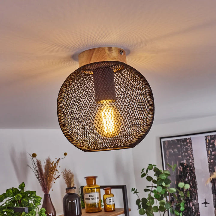 Rustic Mesh Metal and Wood Ceiling Light