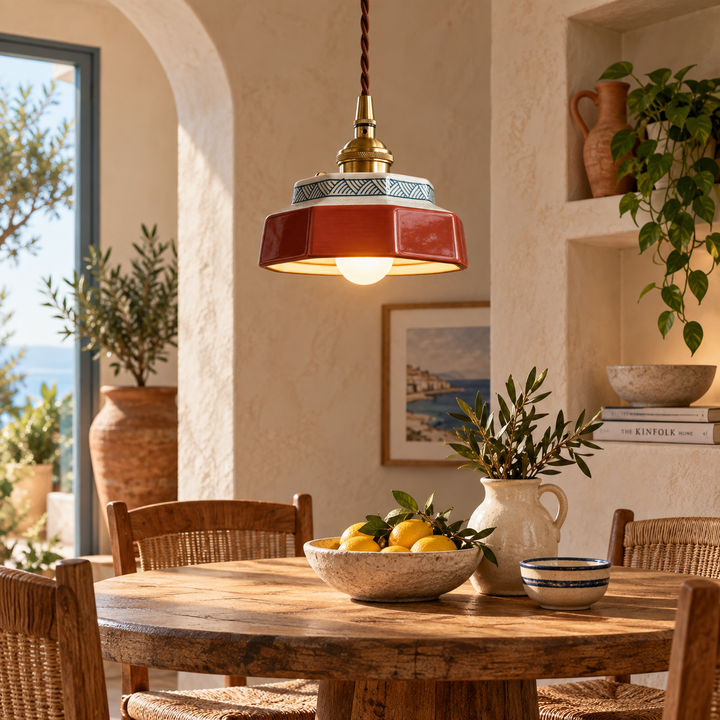 Vintage Red Enamel Pendant Light with Brass Fittings – 15 cm