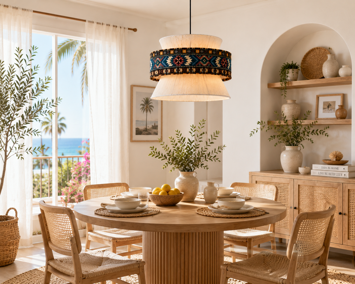 Bohemian Blue Pattern Fabric Drum Pendant Light