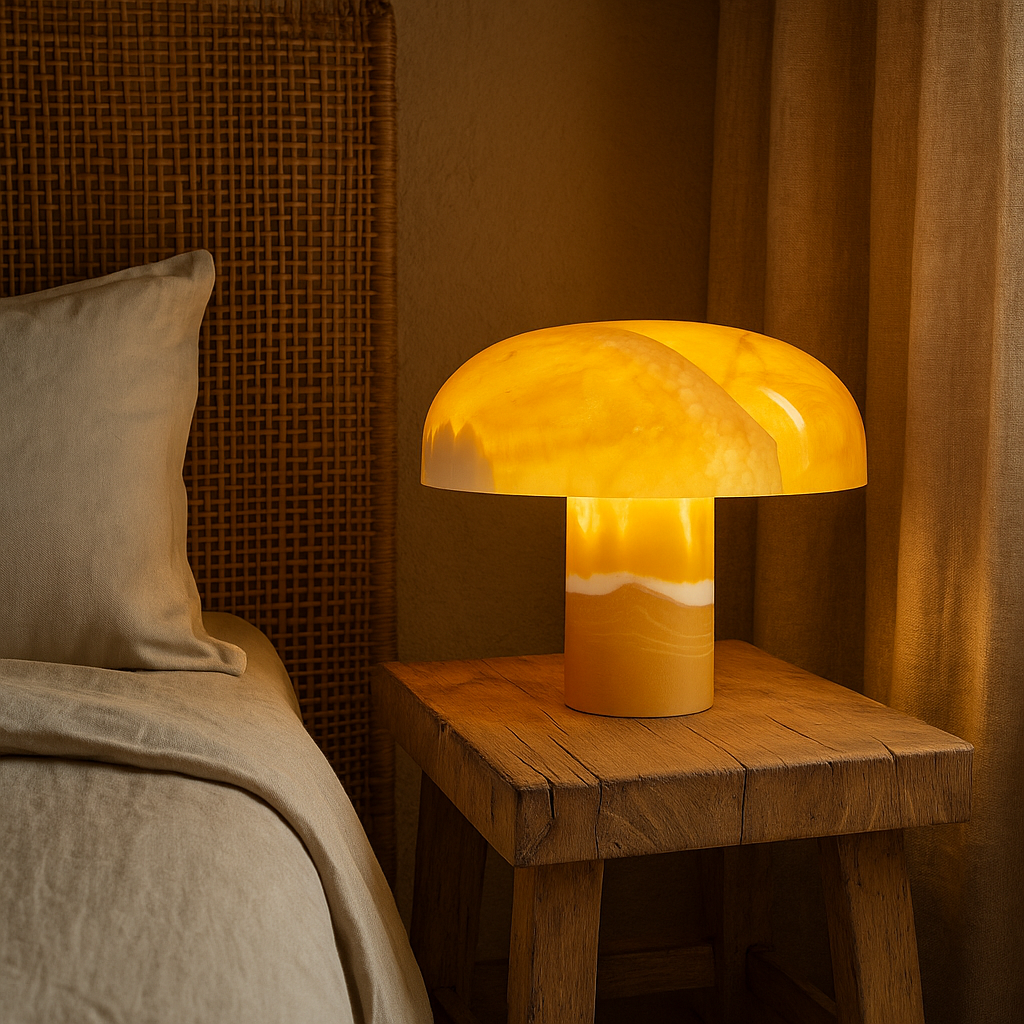 Mushroom-shaped lamp on a wooden nightstand next to a bed with beige bedding.