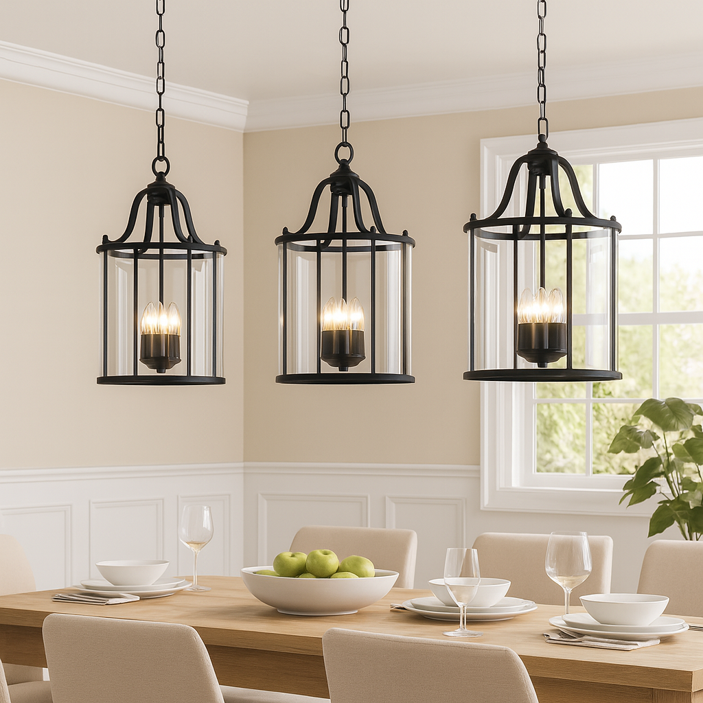 Brass or Black Glass Pendant Chandelier