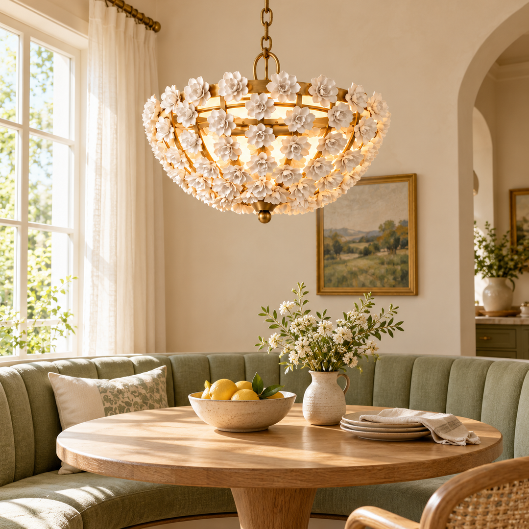 White Floral Gold-Frame Bowl Chandelier